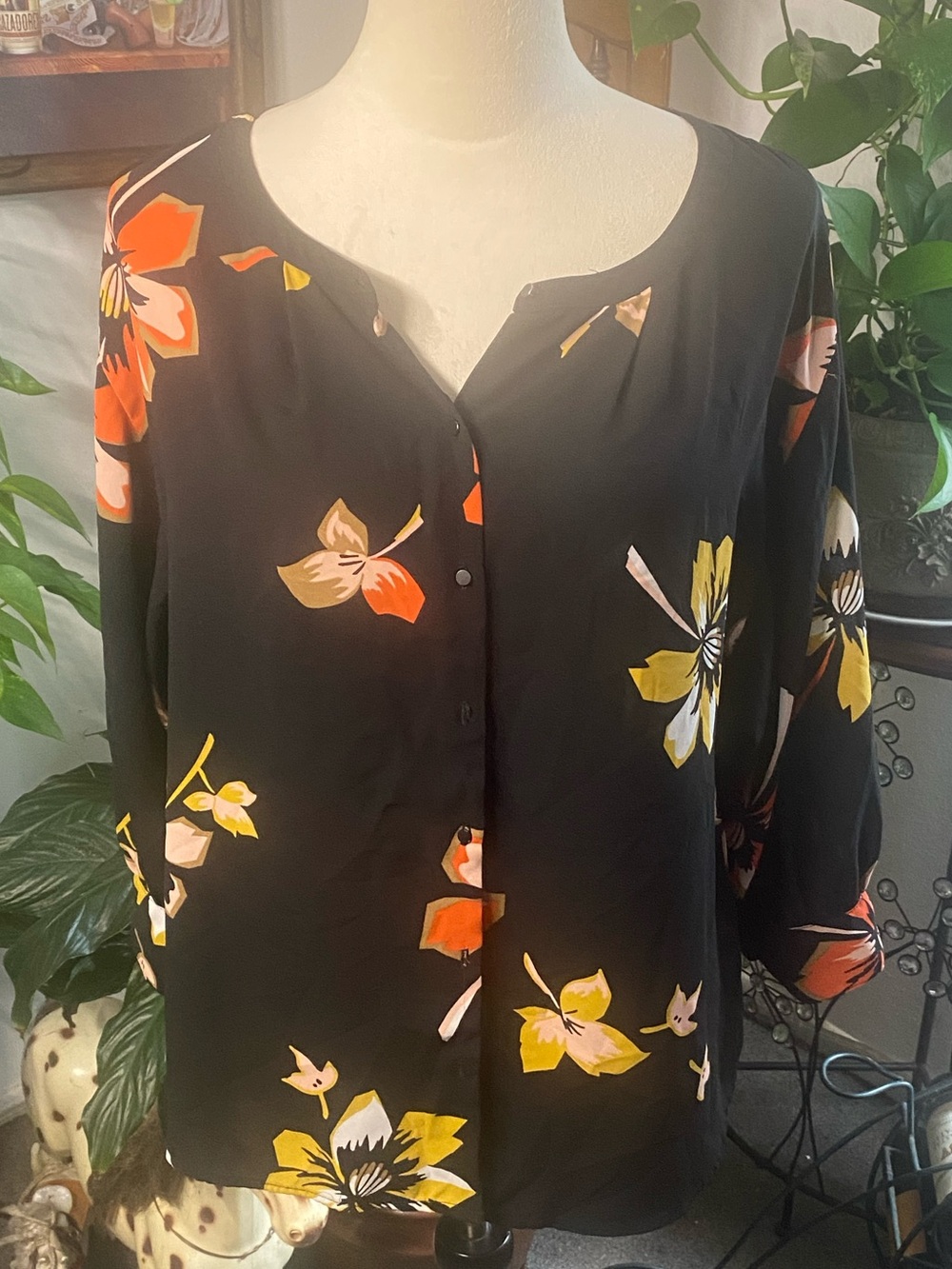 Valette Black Floral Blouse with Yellow and Orange Blooms